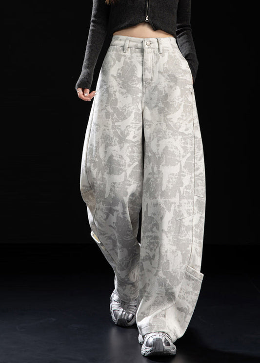 Italian White Tie Dye Patchwork Pockets Warm Fleece Pants Winter