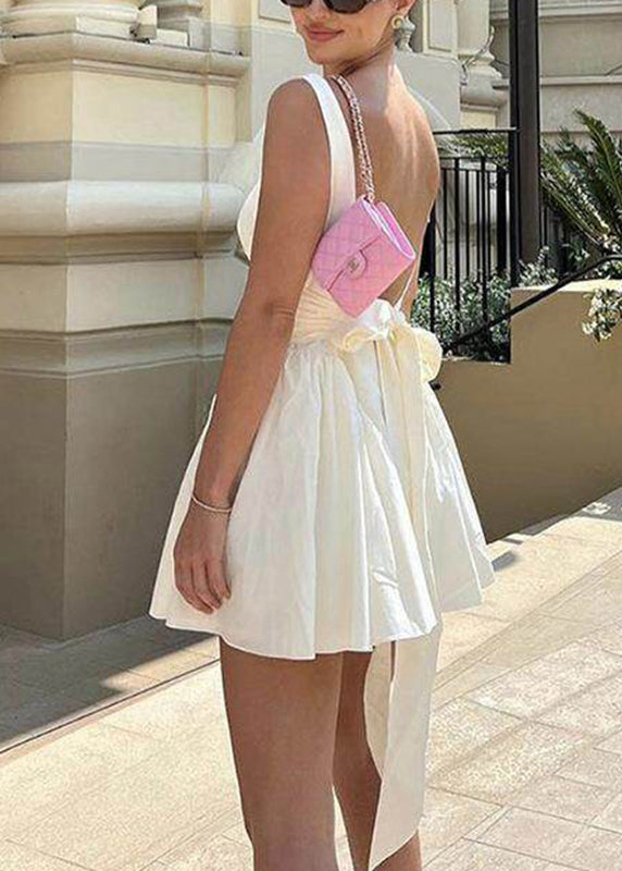 Italian White Tie Waist Bow Mid Spaghetti Strap Dress Sleeveless