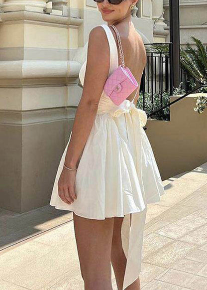 Italian White Tie Waist Bow Mid Spaghetti Strap Dress Sleeveless