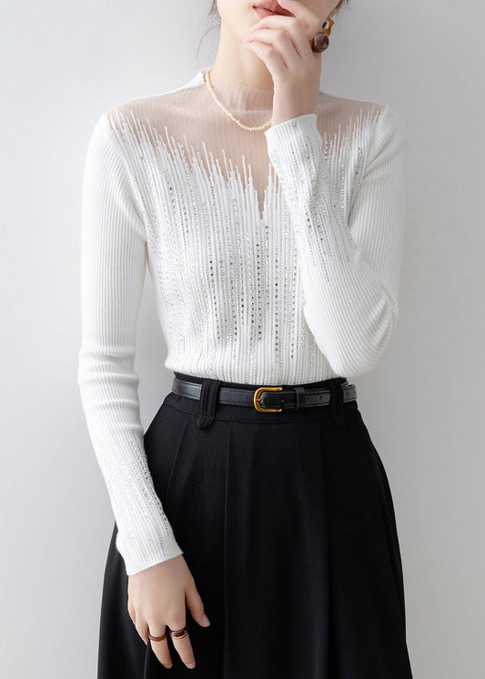 Italian White Tulle Zircon Patchwork Knit Sweater Tops Spring