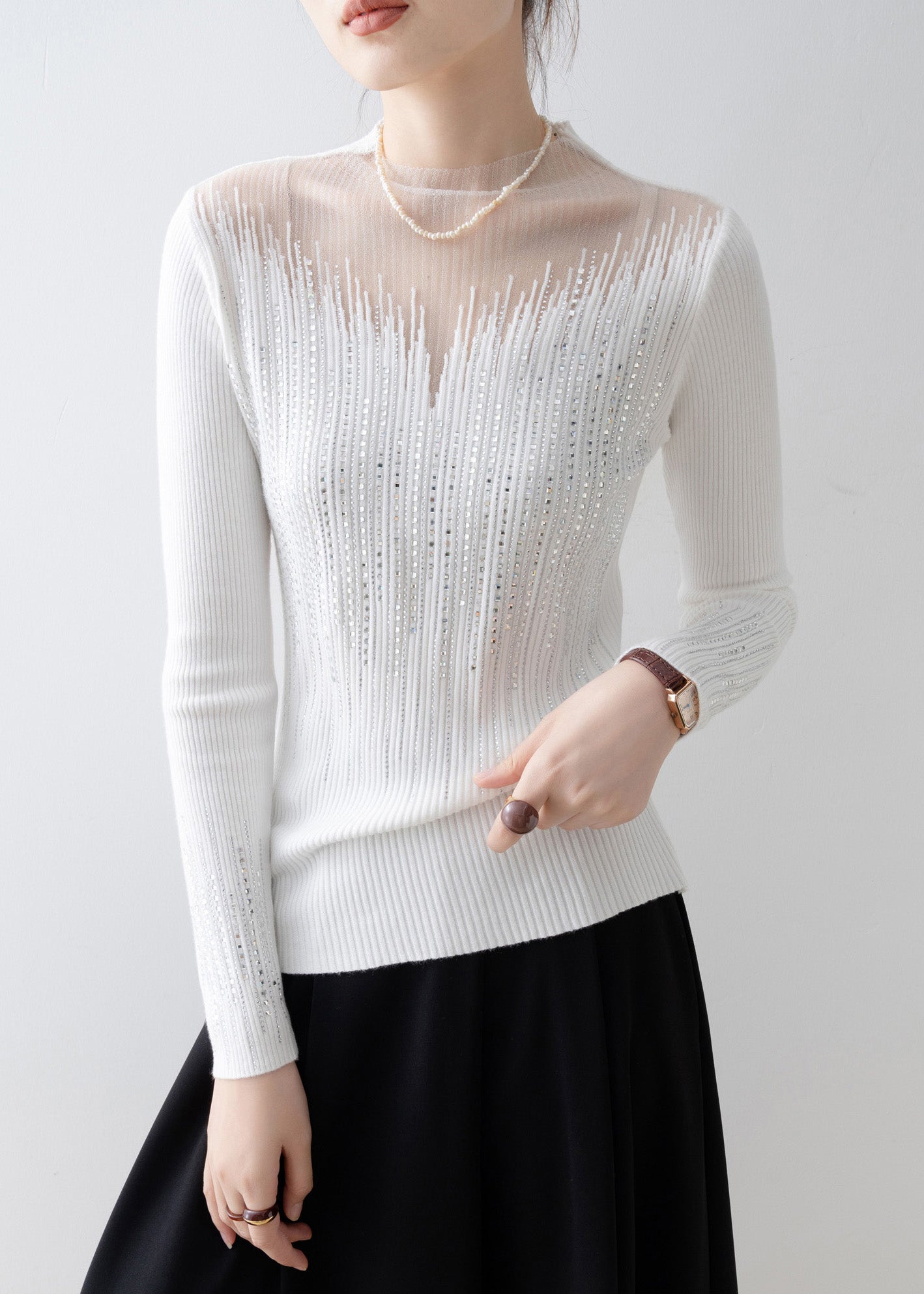 Italian White Tulle Zircon Patchwork Knit Sweater Tops Spring