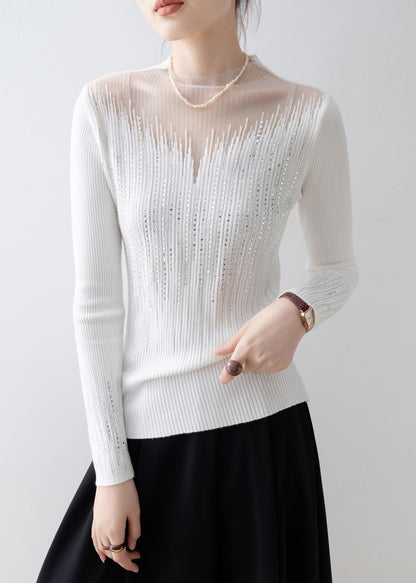 Italian White Tulle Zircon Patchwork Knit Sweater Tops Spring