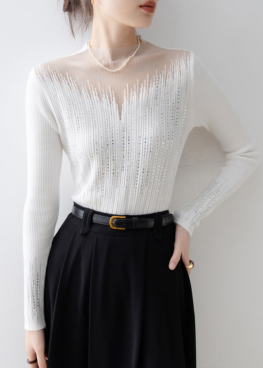 Italian White Tulle Zircon Patchwork Knit Sweater Tops Spring