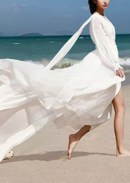 Italian White V Neck Backless Chiffon Robe Dress Spring