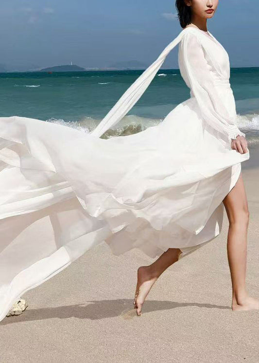 Italian White V Neck Backless Chiffon Robe Dress Spring