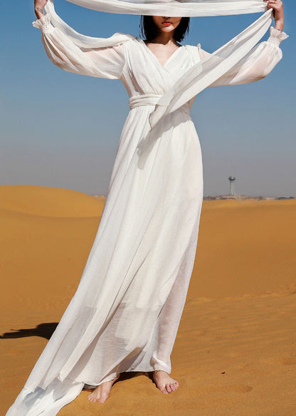 Italian White V Neck Backless Chiffon Robe Dress Spring