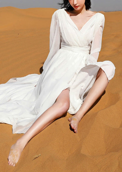 Italian White V Neck Backless Chiffon Robe Dress Spring