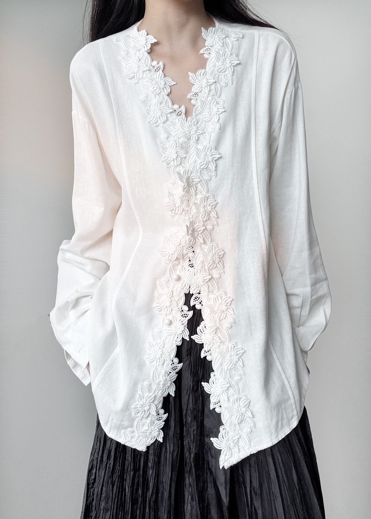 Italian White V Neck Embroidered Cotton Shirts Fall
