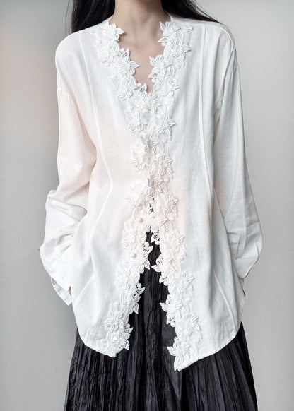 Italian White V Neck Embroidered Cotton Shirts Fall