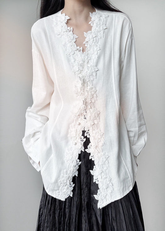 Italian White V Neck Embroidered Cotton Shirts Fall