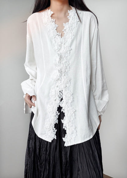 Italian White V Neck Embroidered Cotton Shirts Fall