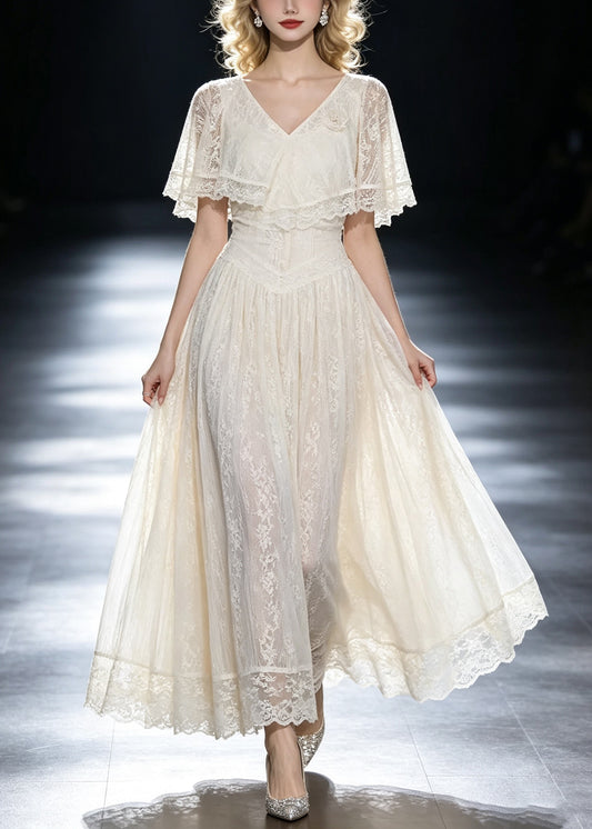 Italian White V Neck Flattering Lace Long Dresses Summer