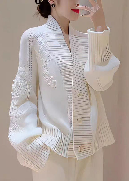 Italian White V Neck Floral Button Knit Cardigans Fall