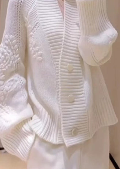 Italian White V Neck Floral Button Knit Cardigans Fall