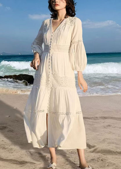 Italian White V Neck Lace Hollow Out Cotton Shirts Dress Fall