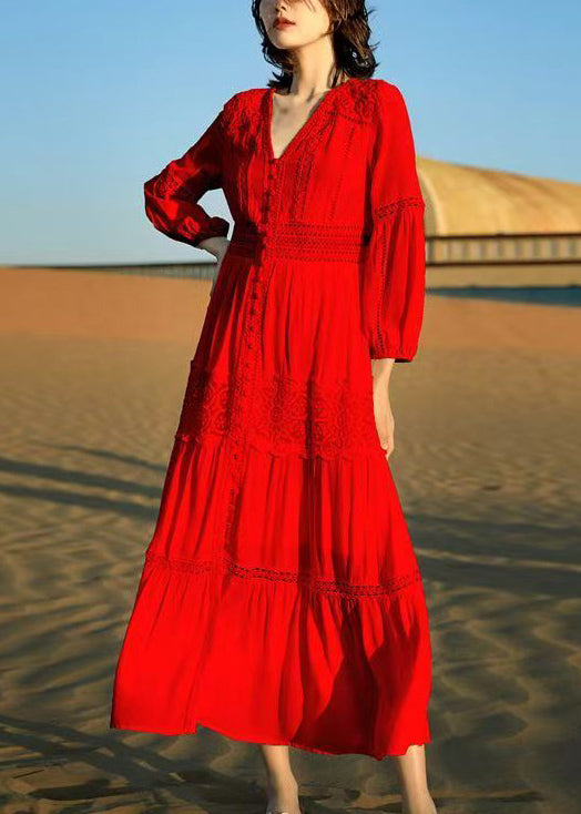 Italian White V Neck Lace Hollow Out Cotton Shirts Dress Fall