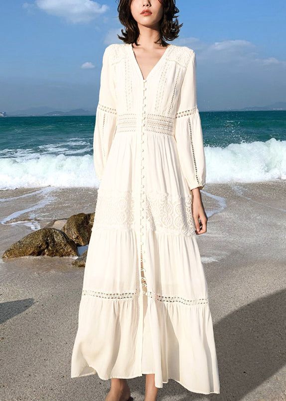 Italian White V Neck Lace Hollow Out Cotton Shirts Dress Fall