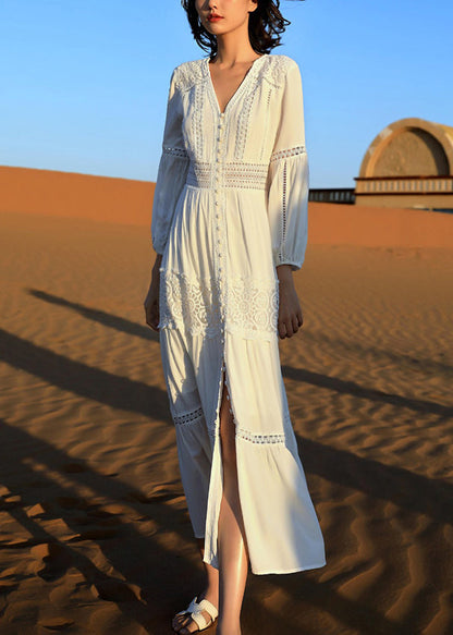 Italian White V Neck Lace Hollow Out Cotton Shirts Dress Fall