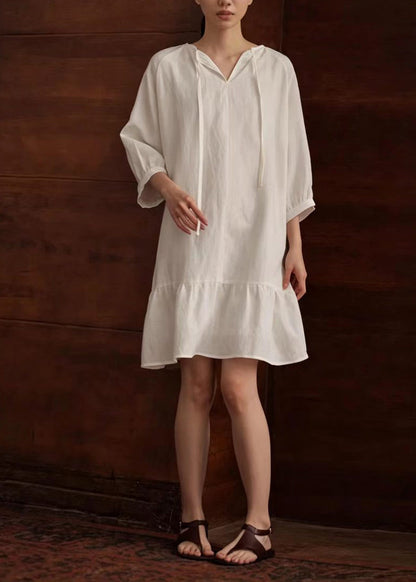 Italian White V Neck Lace Up Vacation Dress Summer