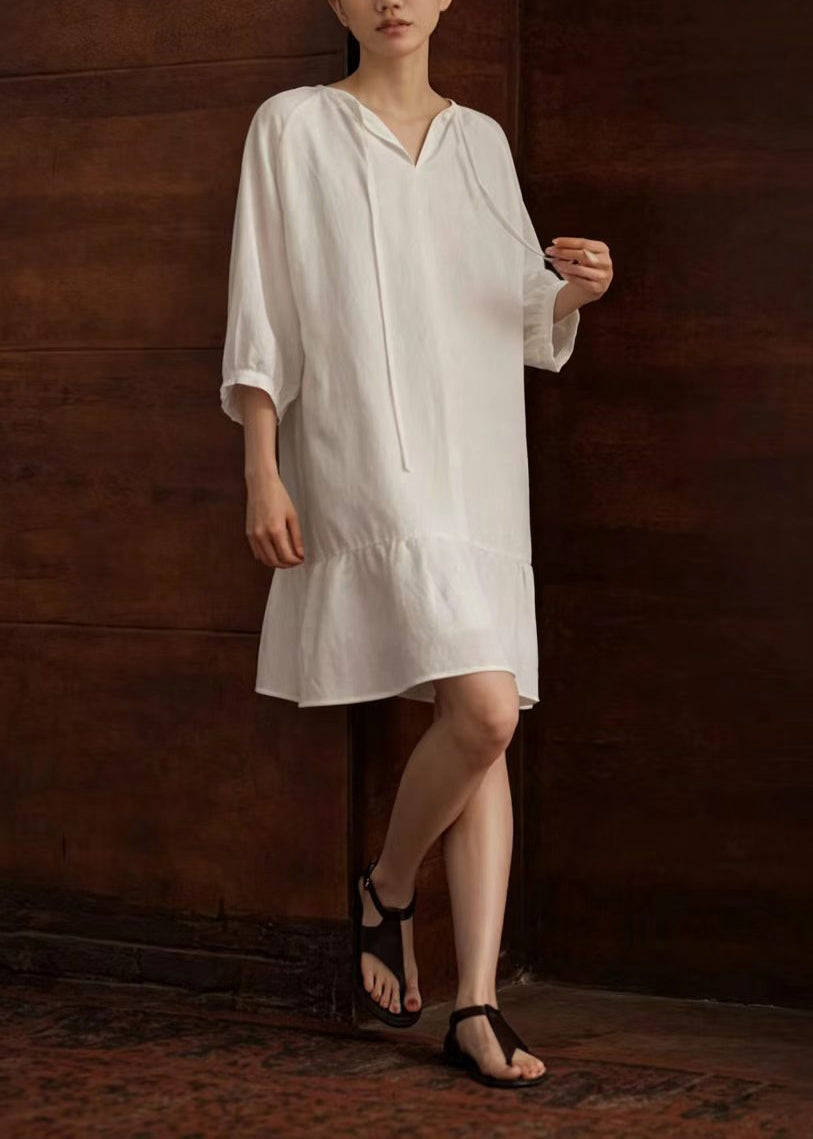 Italian White V Neck Lace Up Vacation Dress Summer