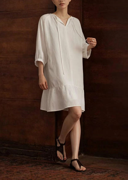 Italian White V Neck Lace Up Vacation Dress Summer