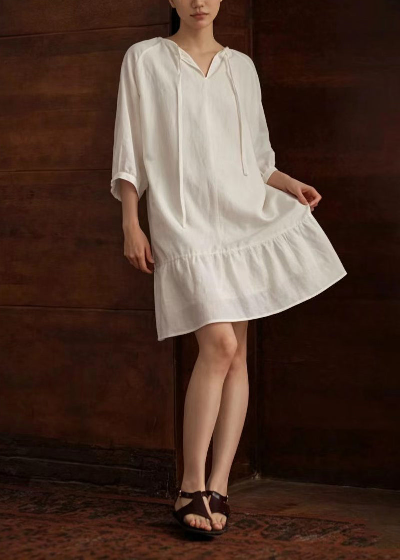 Italian White V Neck Lace Up Vacation Dress Summer