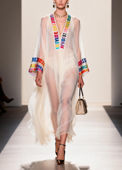 Italian White V Neck Letter Print Chiffon Sheer Dress Summer