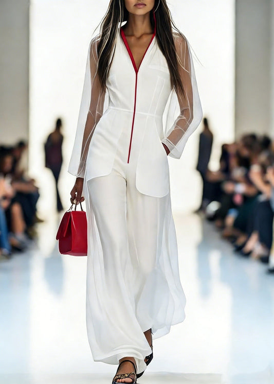 Italian White V Neck Pockets Tulle Jumpsuits Pants Spring