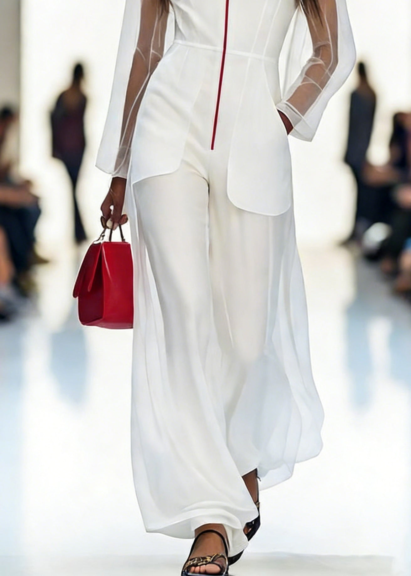 Italian White V Neck Pockets Tulle Jumpsuits Pants Spring