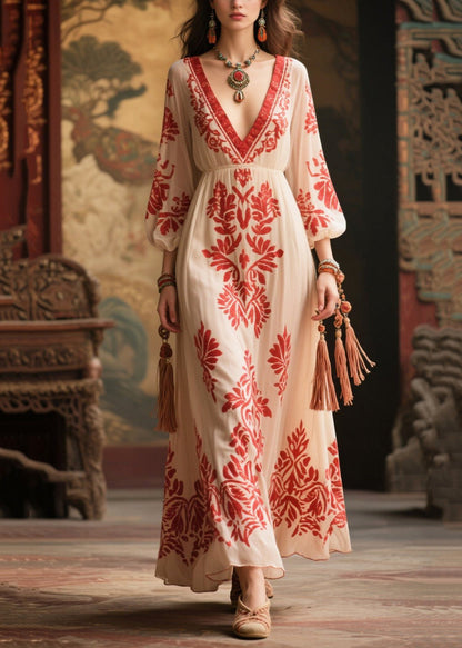 Italian White V Neck Print Chiffon Dress Bracelet Sleeve