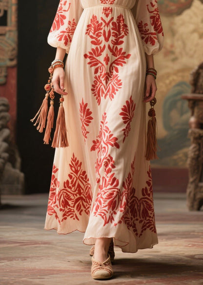 Italian White V Neck Print Chiffon Dress Bracelet Sleeve