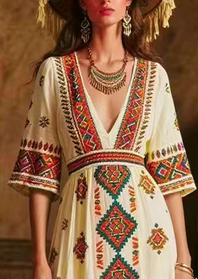 Italian White V Neck Print Chiffon Maxi Dress Half Sleeve