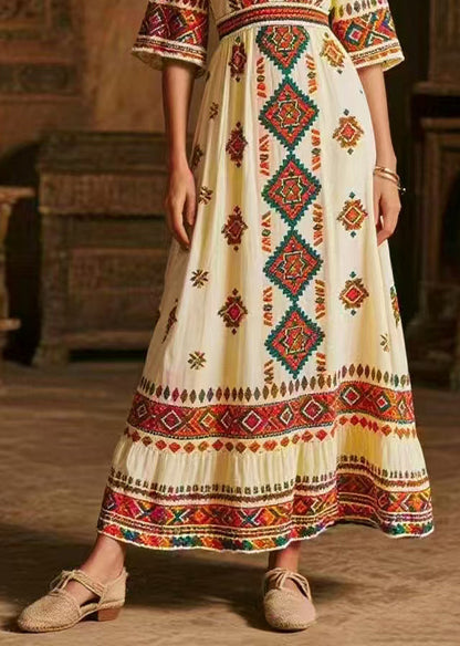 Italian White V Neck Print Chiffon Maxi Dress Half Sleeve
