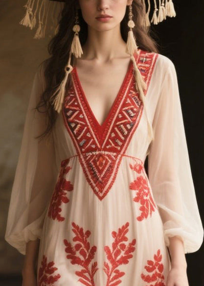 Italian White V Neck Print Chiffon Vacation Dress Fall