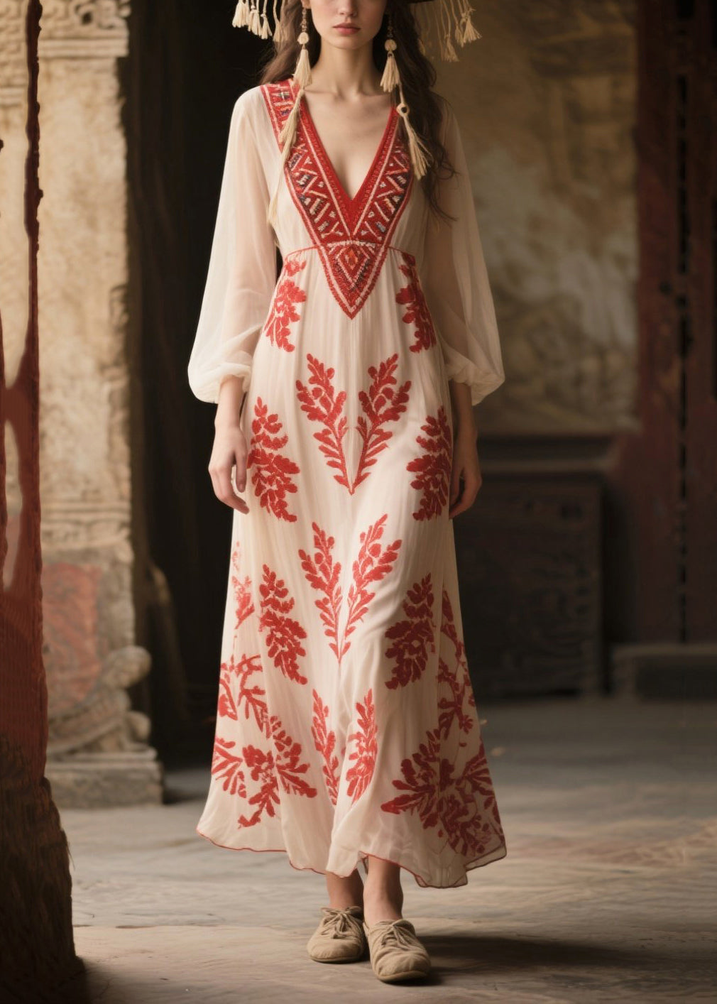 Italian White V Neck Print Chiffon Vacation Dress Fall