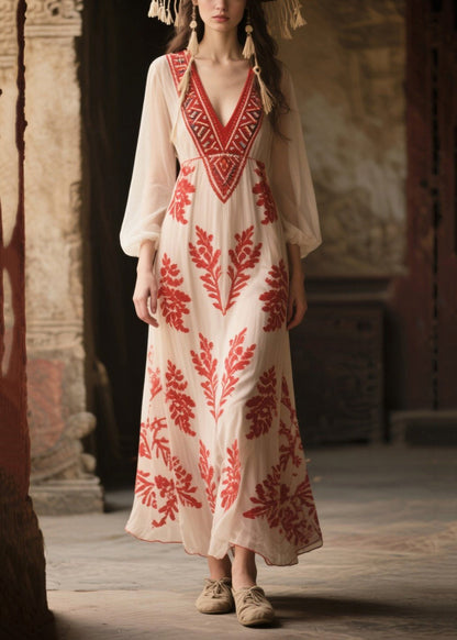 Italian White V Neck Print Chiffon Vacation Dress Fall