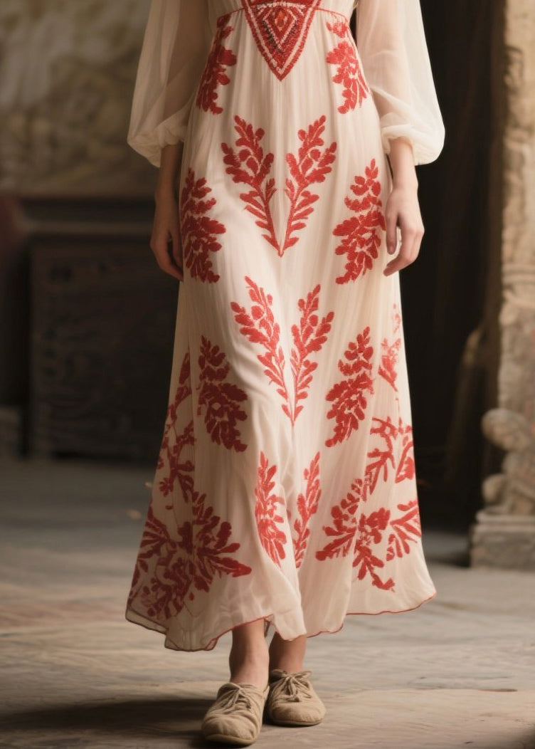 Italian White V Neck Print Chiffon Vacation Dress Fall