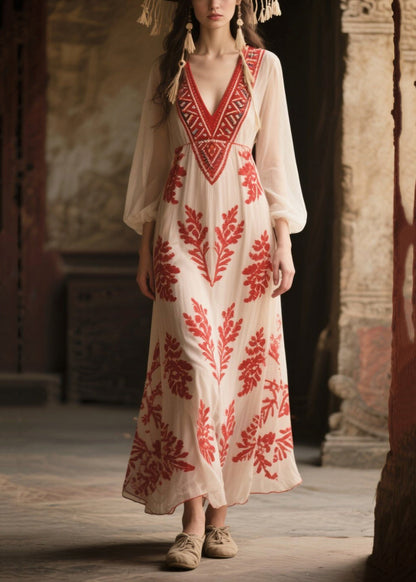 Italian White V Neck Print Chiffon Vacation Dress Fall