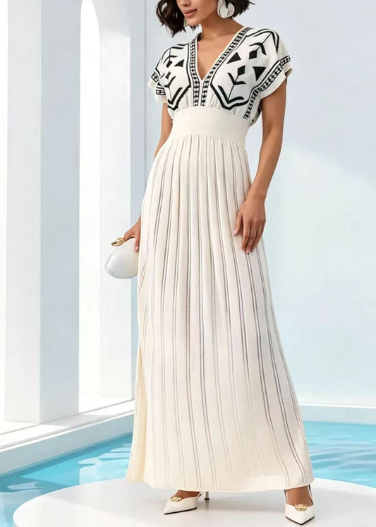 Italian White V Neck Print Knit Long Dresses Short Sleeve
