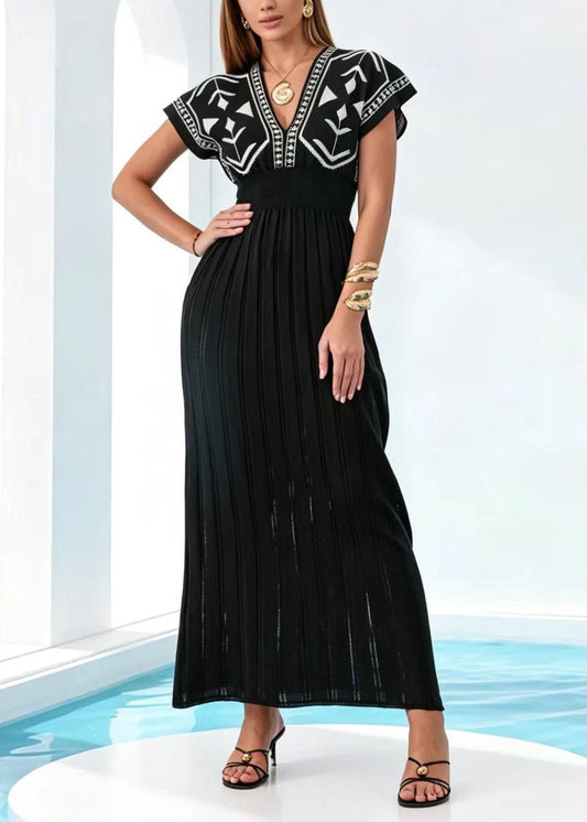 Italian White V Neck Print Knit Long Dresses Short Sleeve