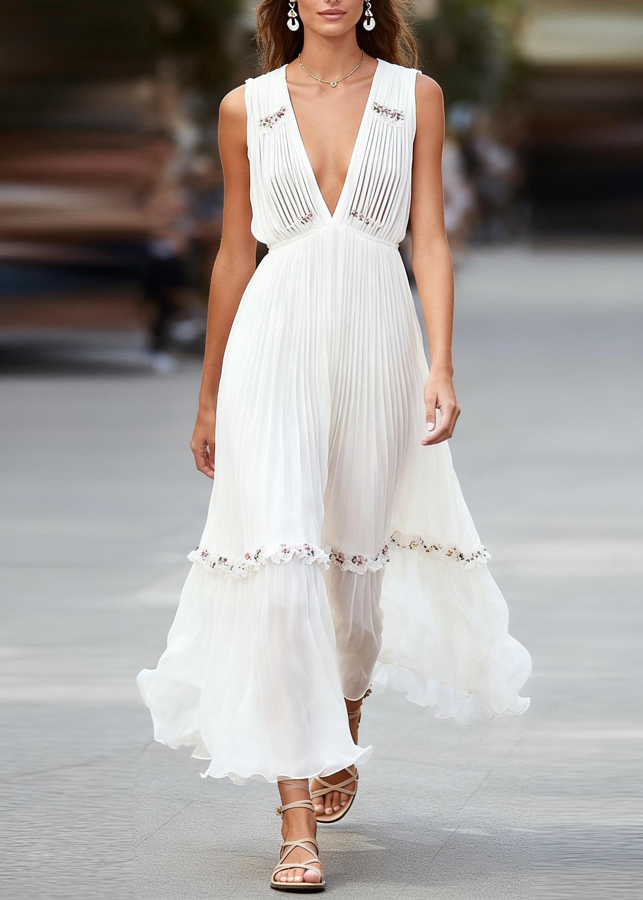 Italian White V Neck Ruffled Patchwork Chiffon Maxi Dresses Sleeveless