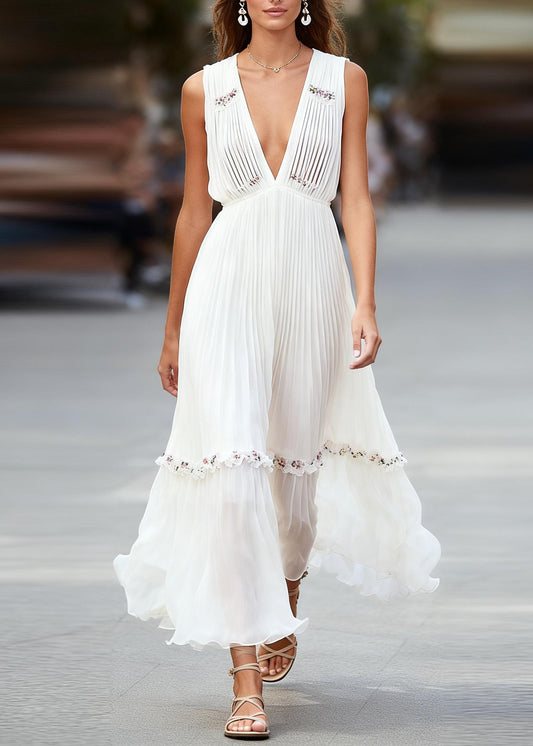 Italian White V Neck Ruffled Patchwork Chiffon Maxi Dresses Sleeveless