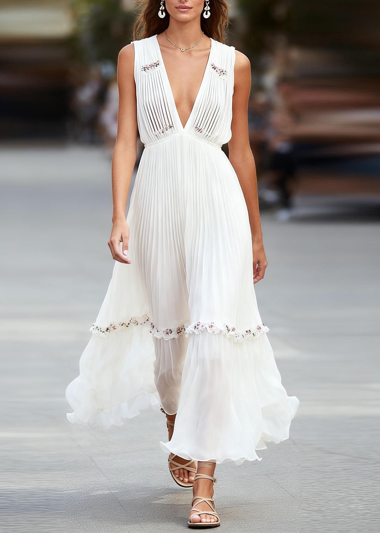 Italian White V Neck Ruffled Patchwork Chiffon Maxi Dresses Sleeveless