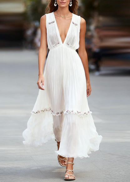 Italian White V Neck Ruffled Patchwork Chiffon Maxi Dresses Sleeveless