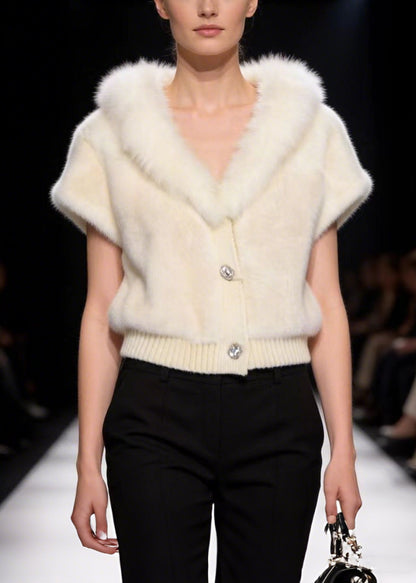 Italian White V-Neck Warm Faux Fur Coat Short Sleeve