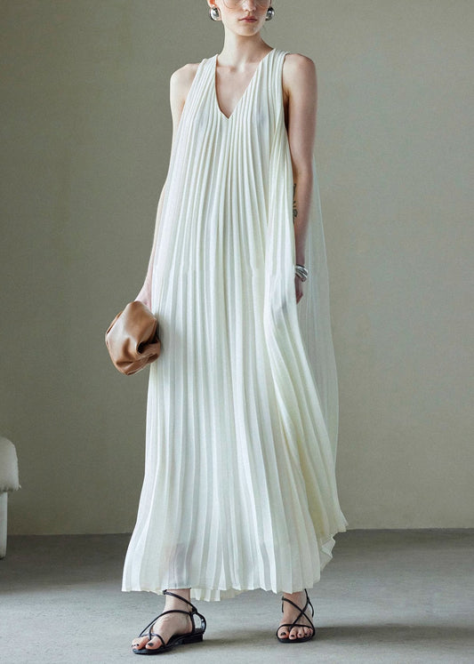 Italian White V Neck Wrinkled Solid Chiffon Maxi Dresses Sleeveless