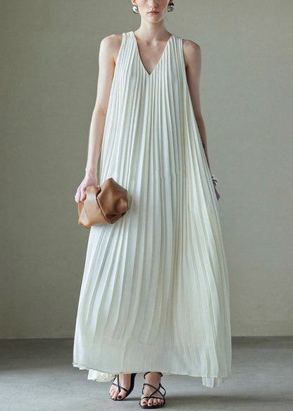 Italian White V Neck Wrinkled Solid Chiffon Maxi Dresses Sleeveless