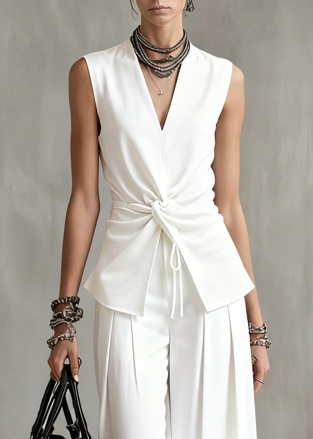 Italian White Wrinkled Elastic Waist Two Piece Set Summer