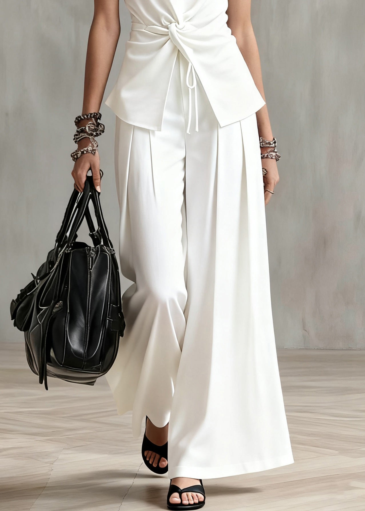 Italian White Wrinkled Elastic Waist Two Piece Set Summer