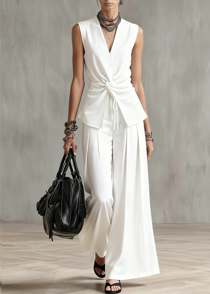 Italian White Wrinkled Elastic Waist Two Piece Set Summer